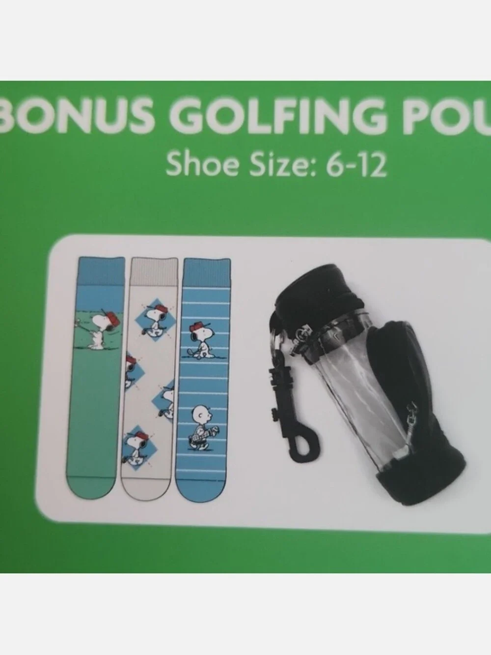 NIB Peanuts Crew Socks & Golfing Pouch Bag Blue Clear Black White